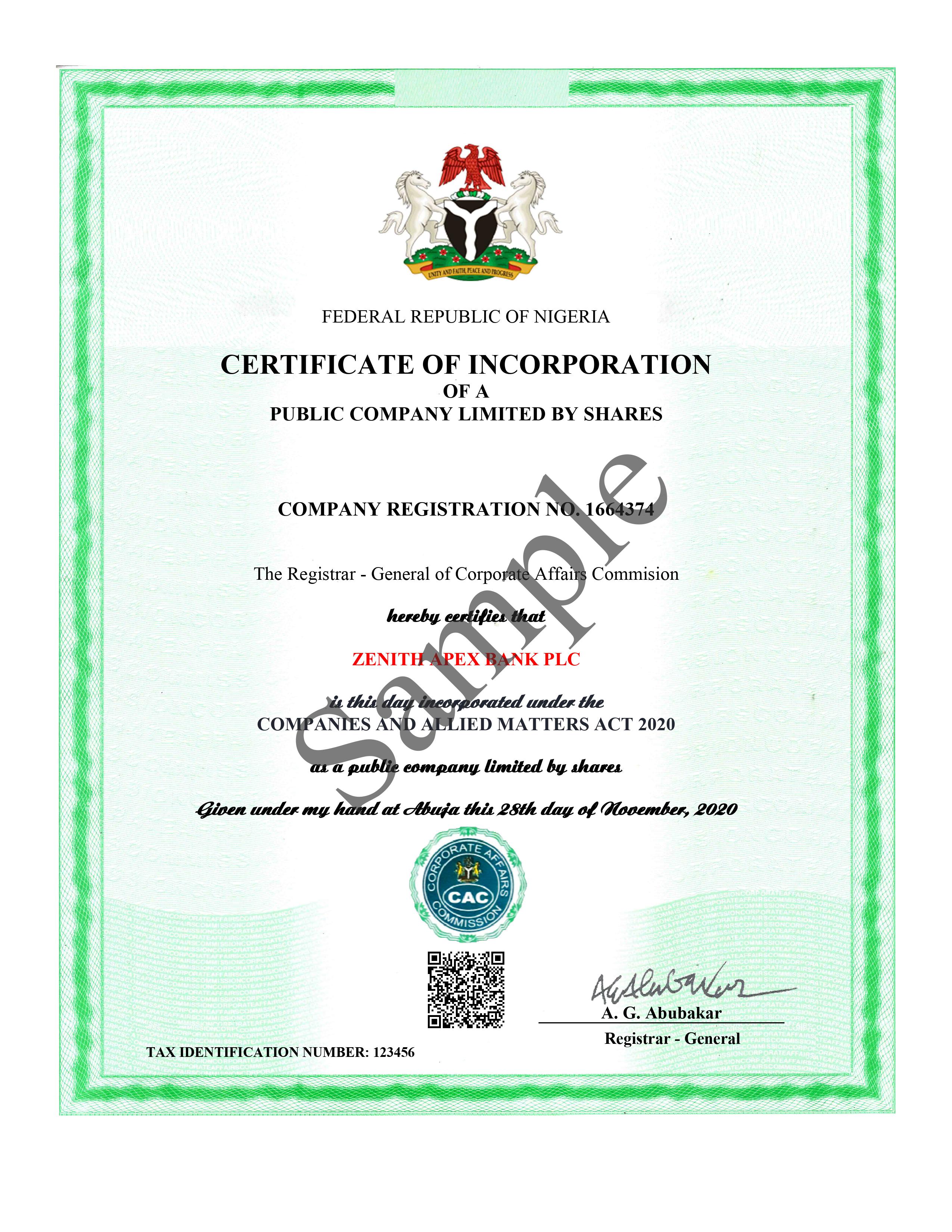 CAC Certificate Sample - Company